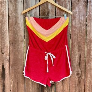 ABERCROMBIE & FITCH Terry Cloth Strapless Romper Red Chevron Size M